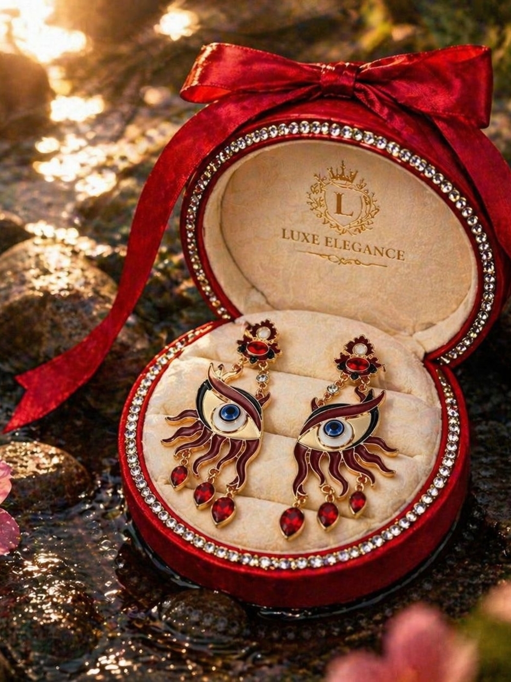 Luxe Elegance Red Eye Motif Drop Earrings - Picture 2 of 6